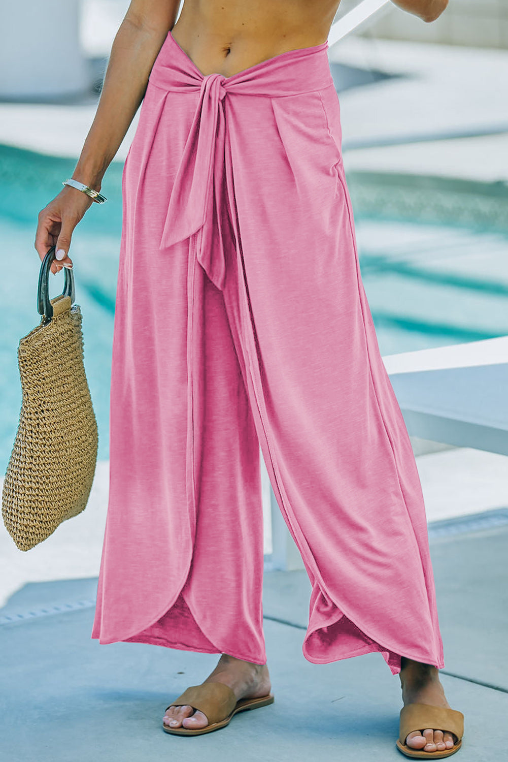 Solid Knotted Drop Waist Split Leg Relaxed Pants