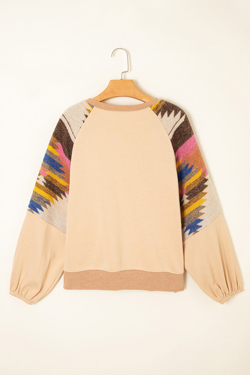 Light French Aztec Patchwork Raglan Pullover Sweatshirt
