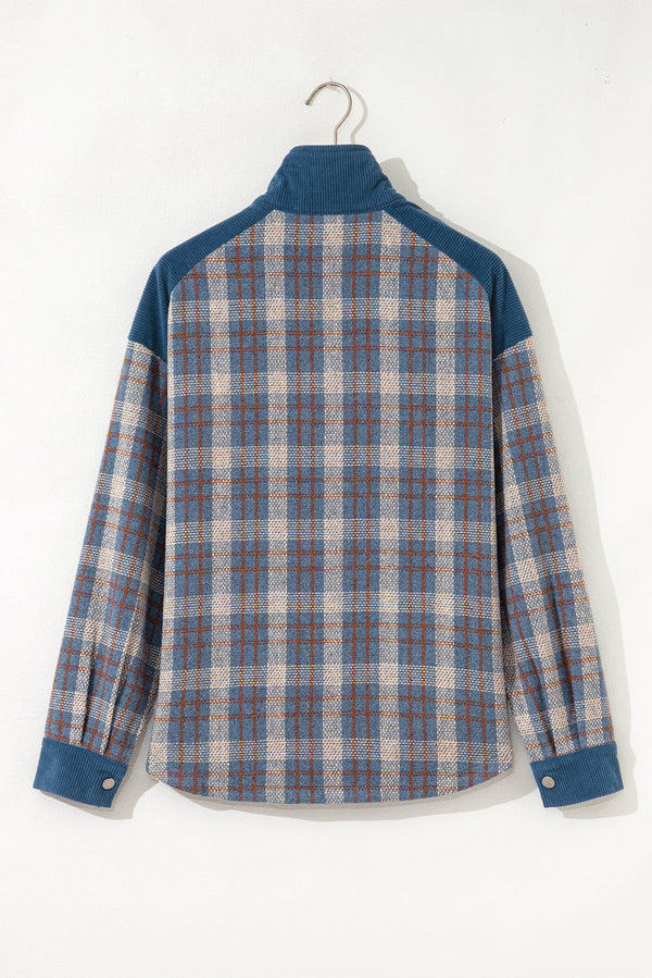 Plaid Corduroy Patchwork Collared Zip Up Snap Button Jacket