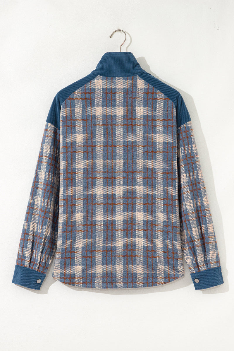 Plaid Corduroy Patchwork Collared Zip Up Snap Button Jacket