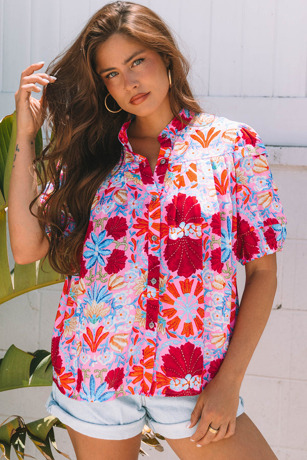 Floral Print Bubble Sleeve Button Up Pleated Shirt