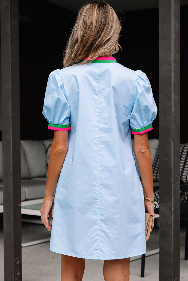 Contrast Striped Notched V Neck Puff Sleeve Mini Dress