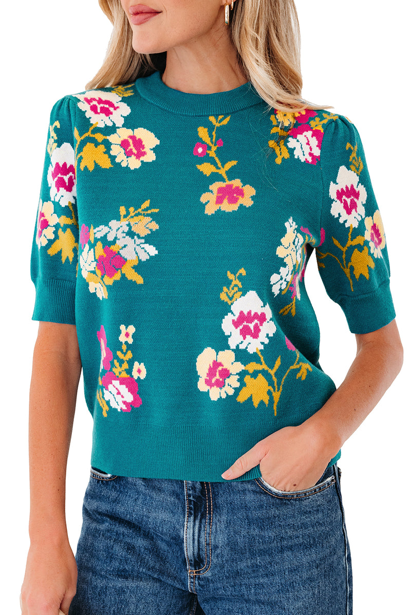 Teal Flower Pattern Mock Neck Short Sleeve Knitted T Shirt