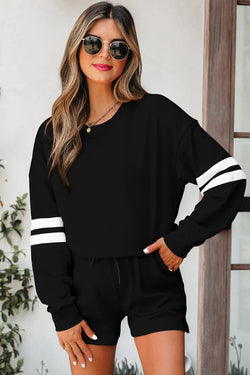 Varsity Striped Sleeve Drop Shoulder Sweatshirt and Short Set