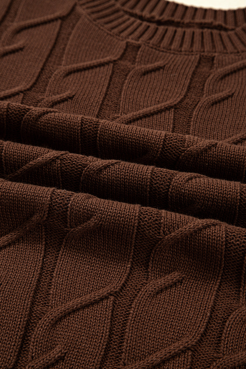 Dark Brown Cable Texture Crew Neck Short Sleeve Sweater Top