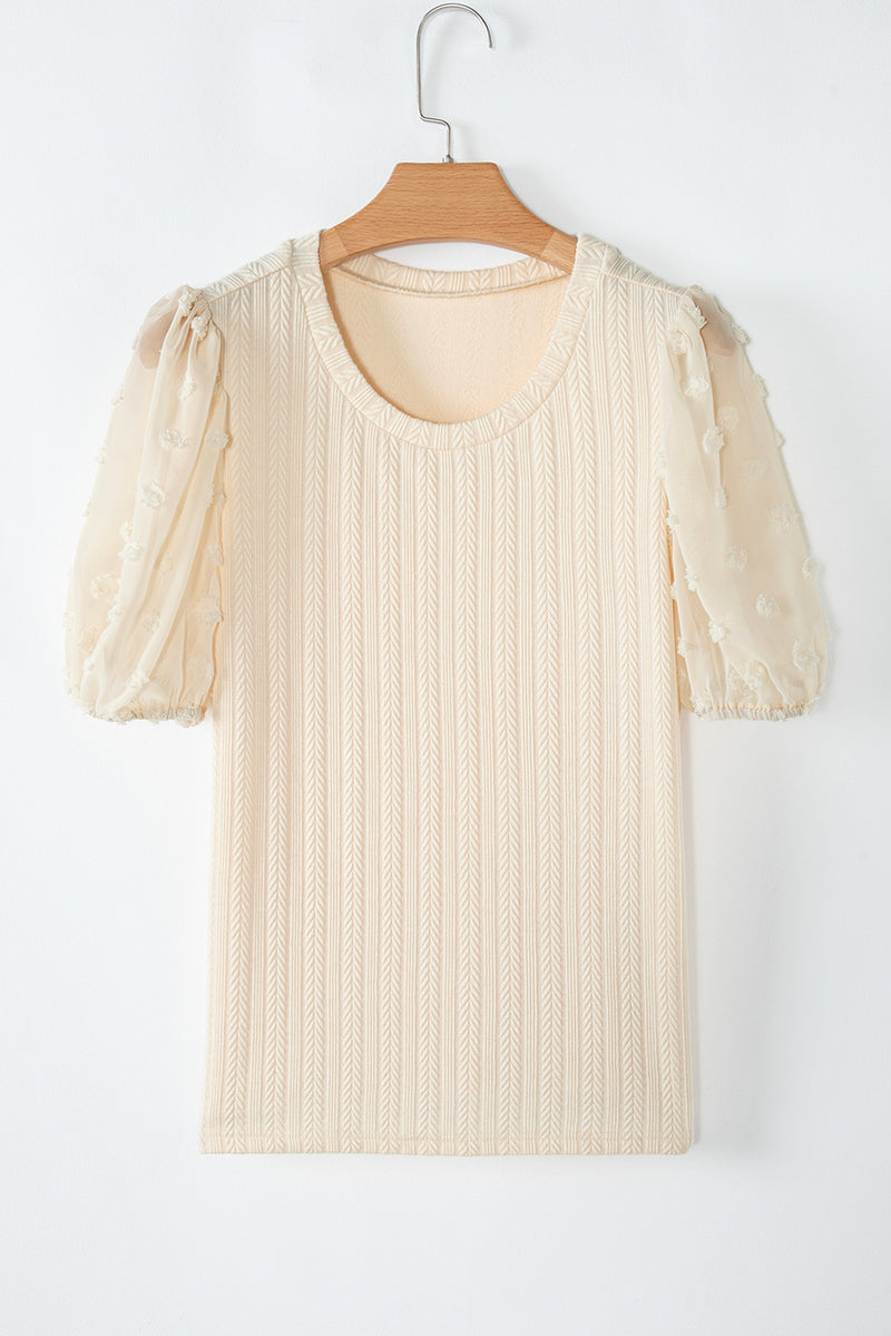 Polka Dot Mesh Puff Sleeve Textured Blouse