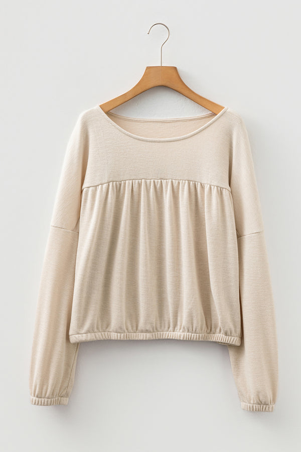 Textured Pleated Drop Shoulder Long Sleeve Knit Top