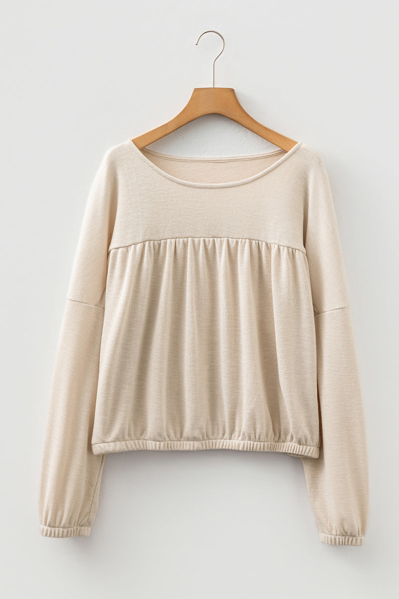 Textured Pleated Drop Shoulder Long Sleeve Knit Top