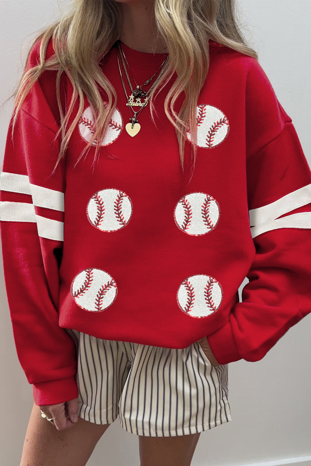 Sequin Baseball Patched Oversized Varsity Sweatshirt