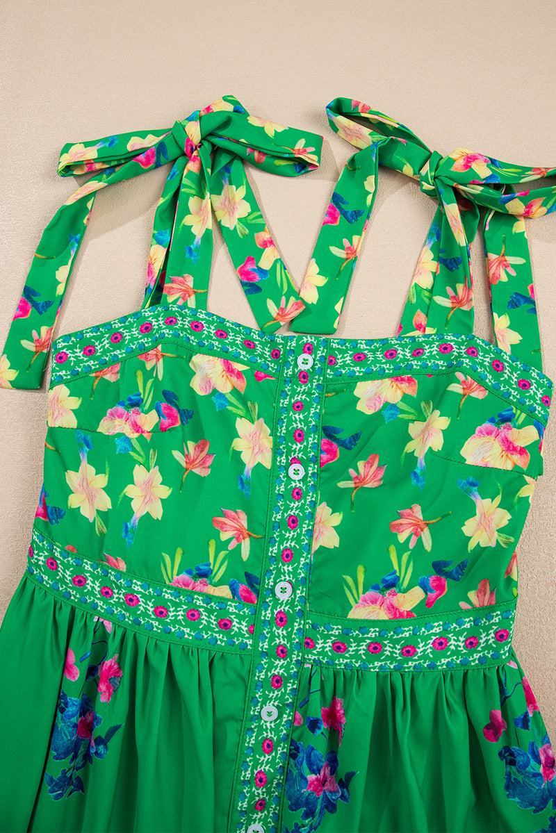 Floral Print Contrast Trim Knotted Straps Midi Dress