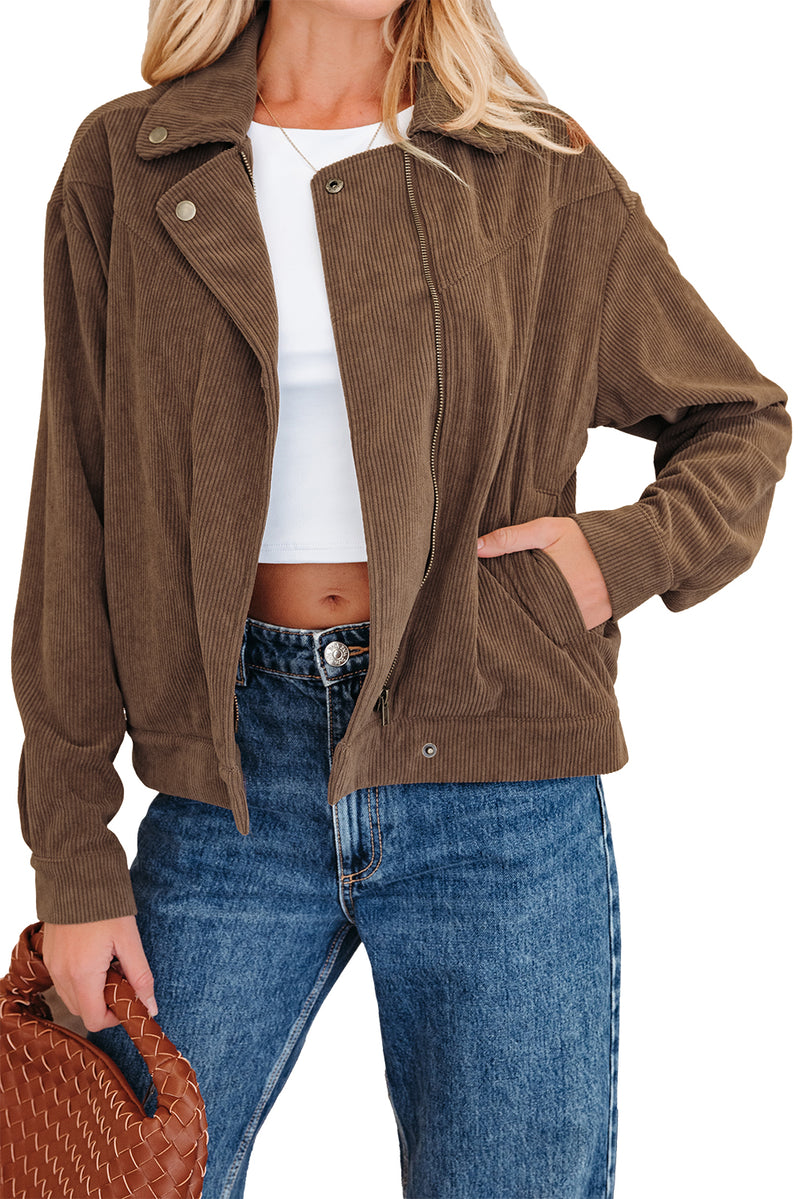 Button Zip Up Lapel Collar Corduroy Jacket