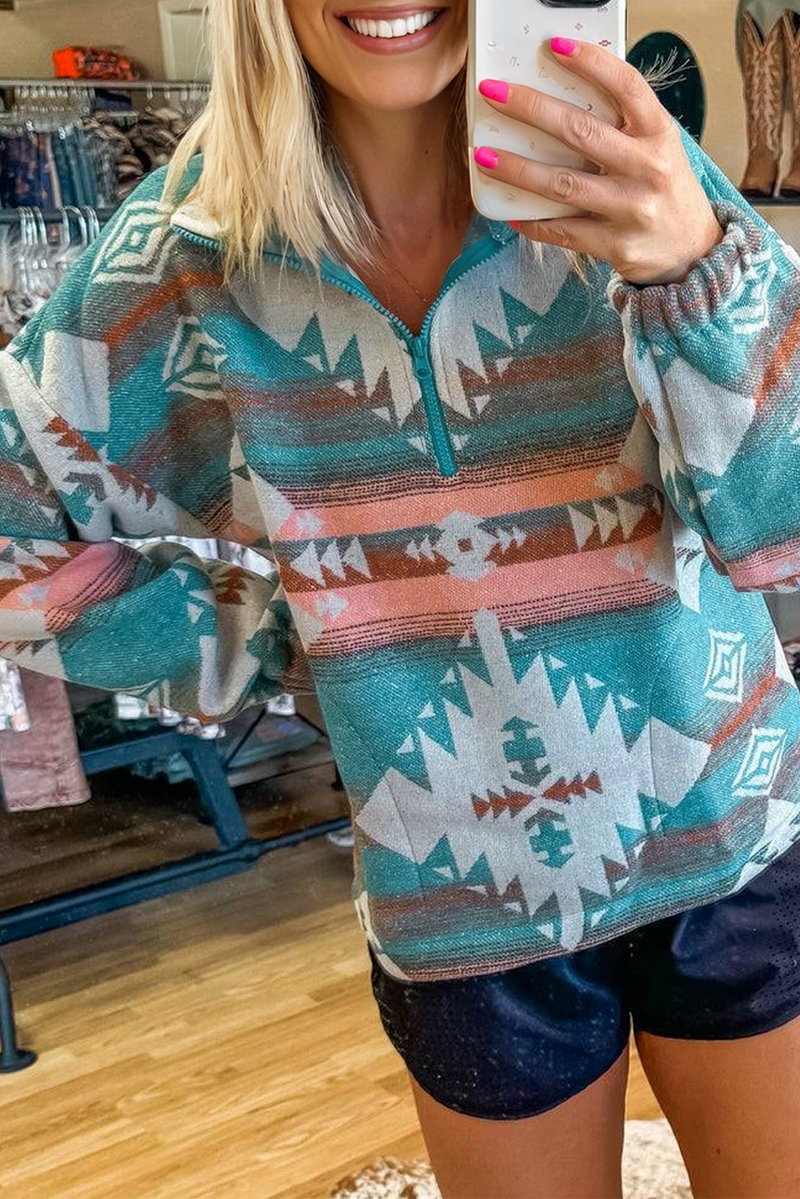 Quarter Zip Elastic Cuffs Aztec Sweatshirt
