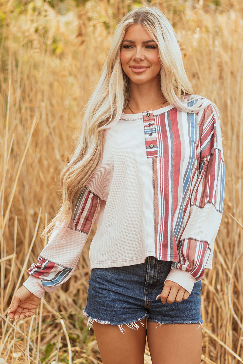 Striped Waffle Patchwork Exposed Seam Raw Edge Casual Knit Top