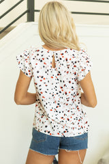 Abstract Print Ruffle Flutter Sleeve Keyhole Back Slim Blouse