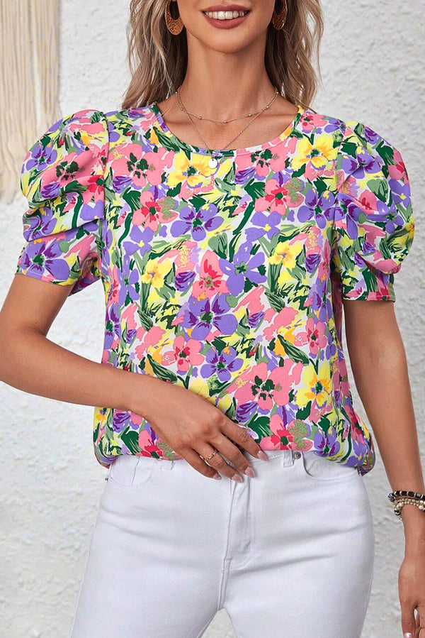 Floral Print Puff Short Sleeve Crew Neck Blouse