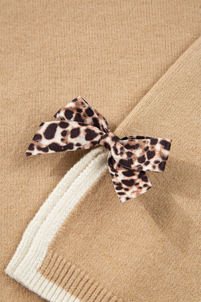 Leopard Bow Decor Split Cuff Contrast Trim Sweater
