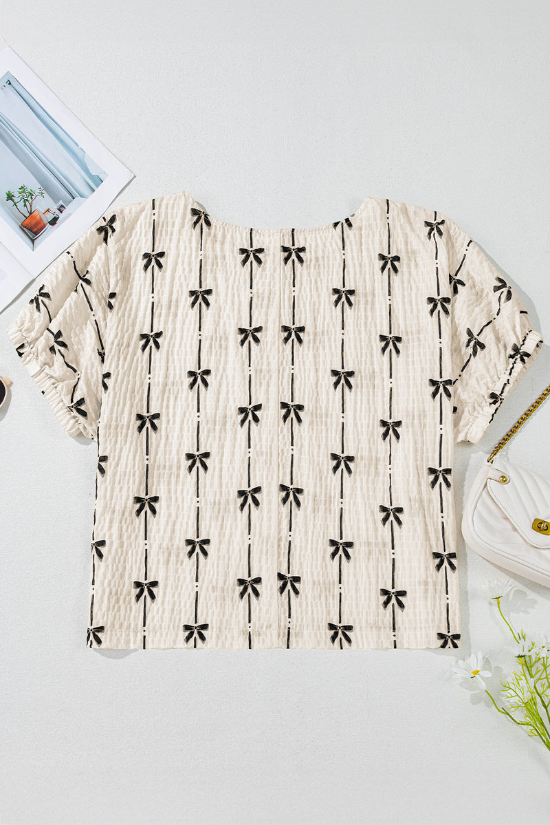 Flowy and Comfortable Bow Print Puff Short Sleeve Top