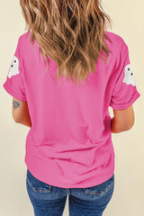 Sachet Pink Sequin Halloween Ghost Patched Casual T Shirt