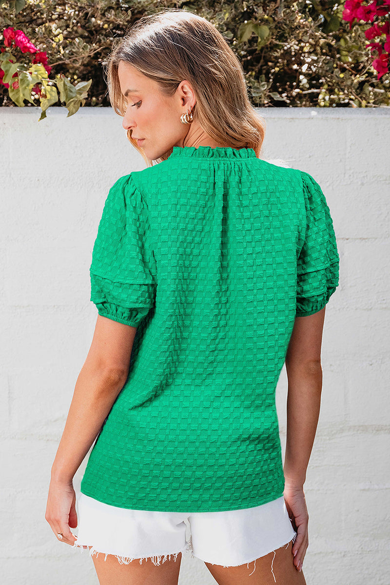 Textured Puff Short Sleeve Notched V Neck Top