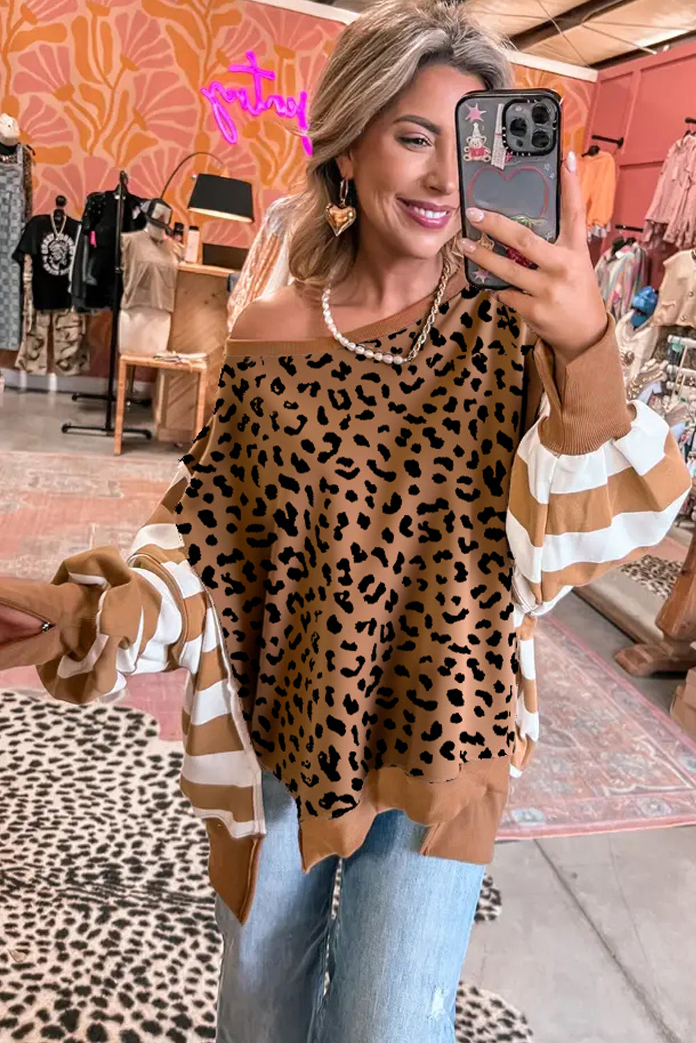 Stripe Color Block Patchwork Leopard Casual Sweatshirt with Slits