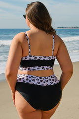 2pcs Leopard Patchwork Plus Size High Waisted Swimsuit