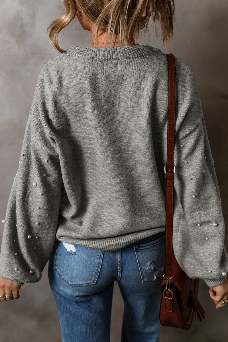 Solid Pearled Drop Shoulder Round Neck Sweater