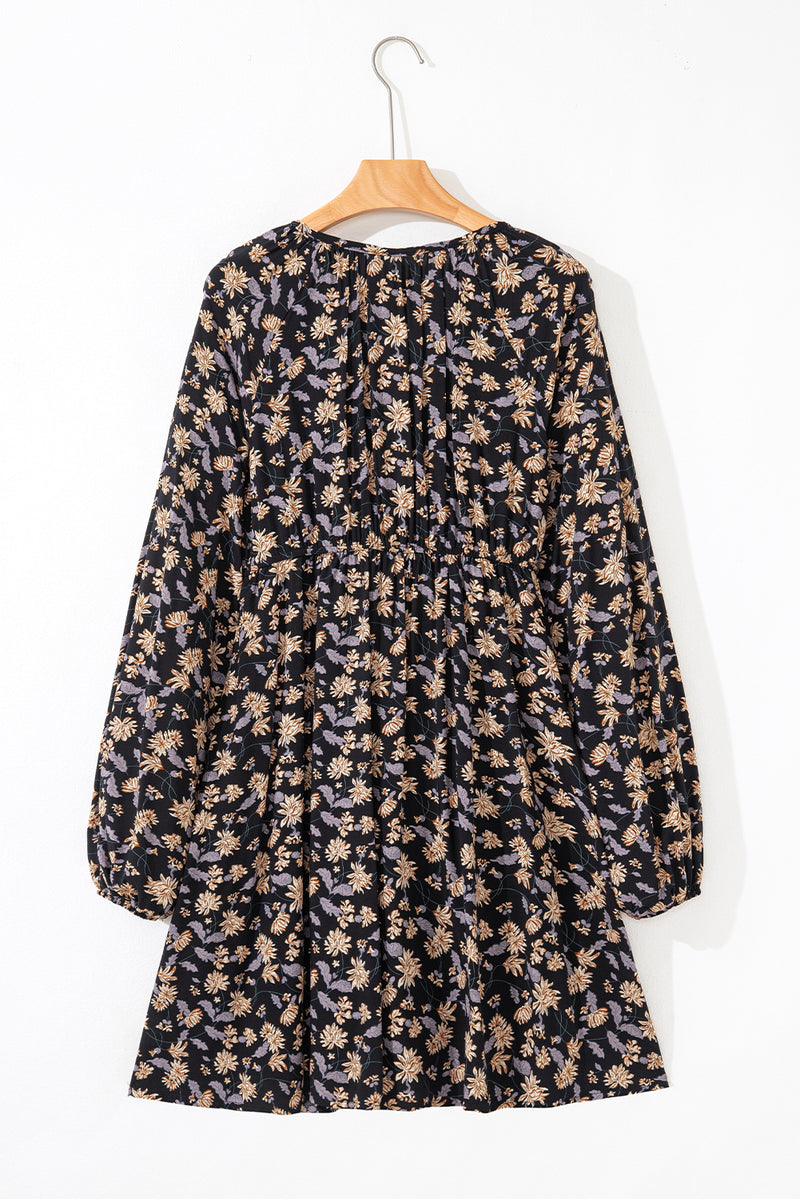 Floral Deep V Neck Smocked Bust Bubble Sleeve Babydoll Dress