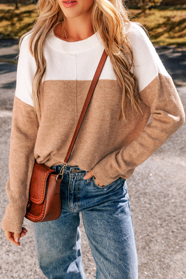 Straw Colorblock Ribbed Trim Round Neck Sweater