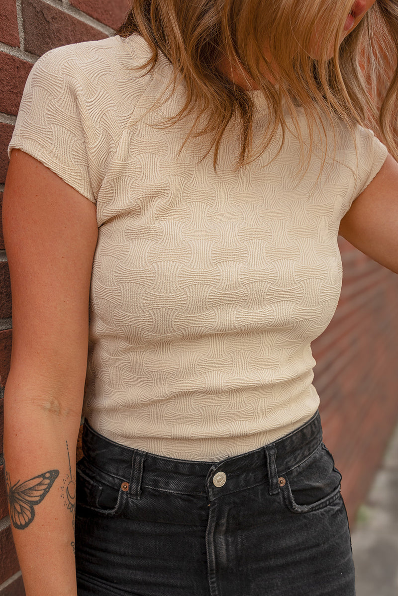 Textured Crew Neck Cap Sleeve Slim Stretchy T Shirt