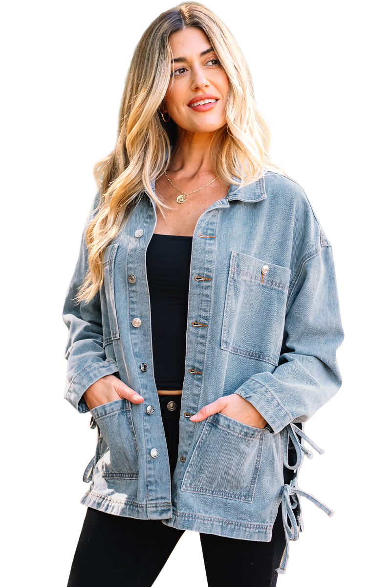 Multi Patched Pockets Side Tie up Boyfriend Style Denim Jacket