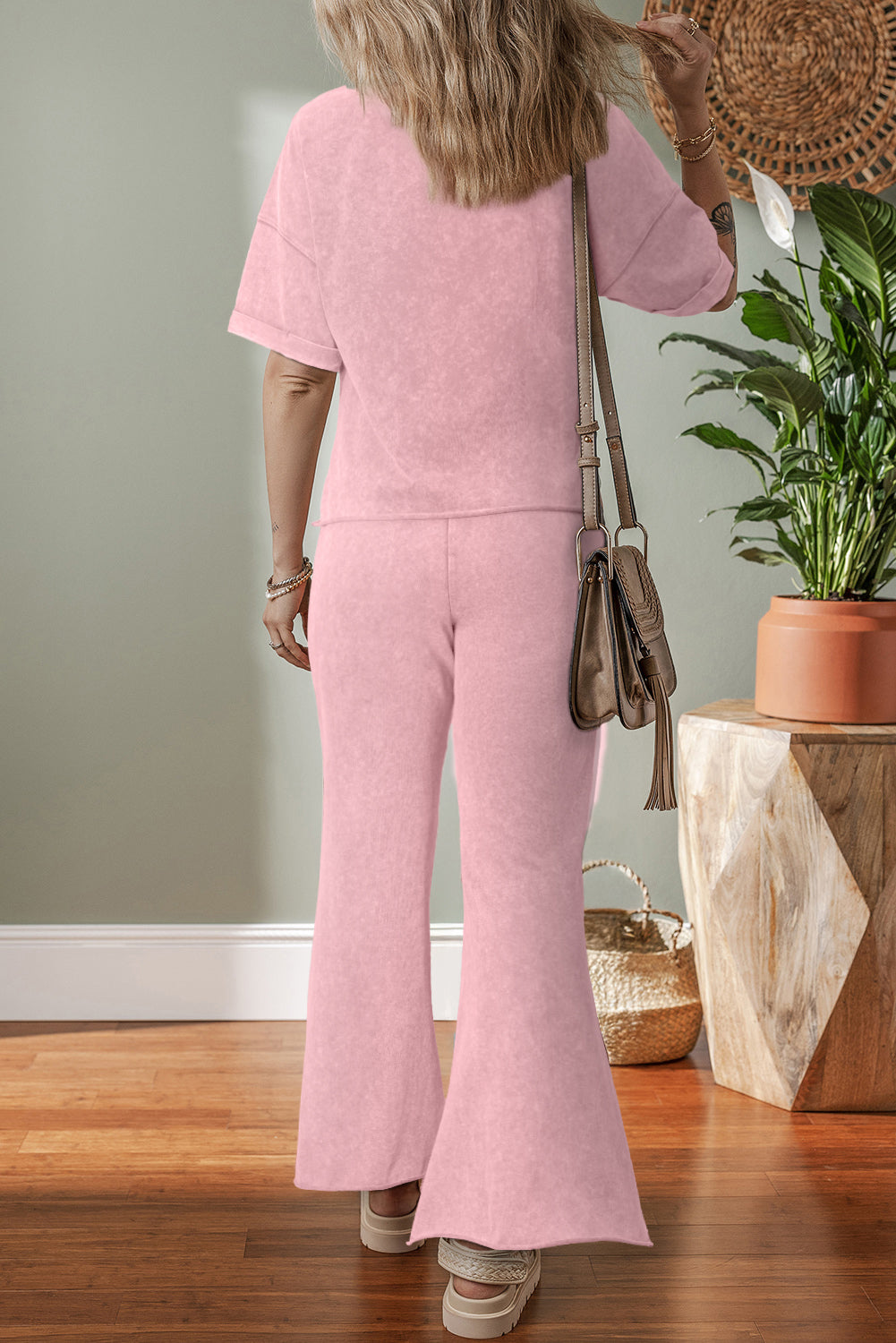 Acid Wash Star Patched Rolled Trim Pants Set