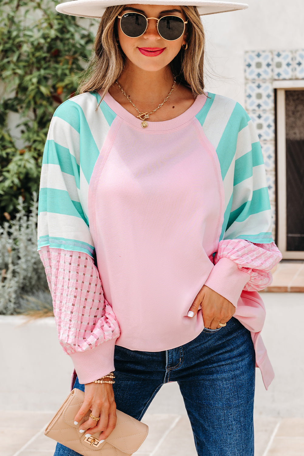Striped Colorblock Patchwork Raglan Pullover Top with Slits