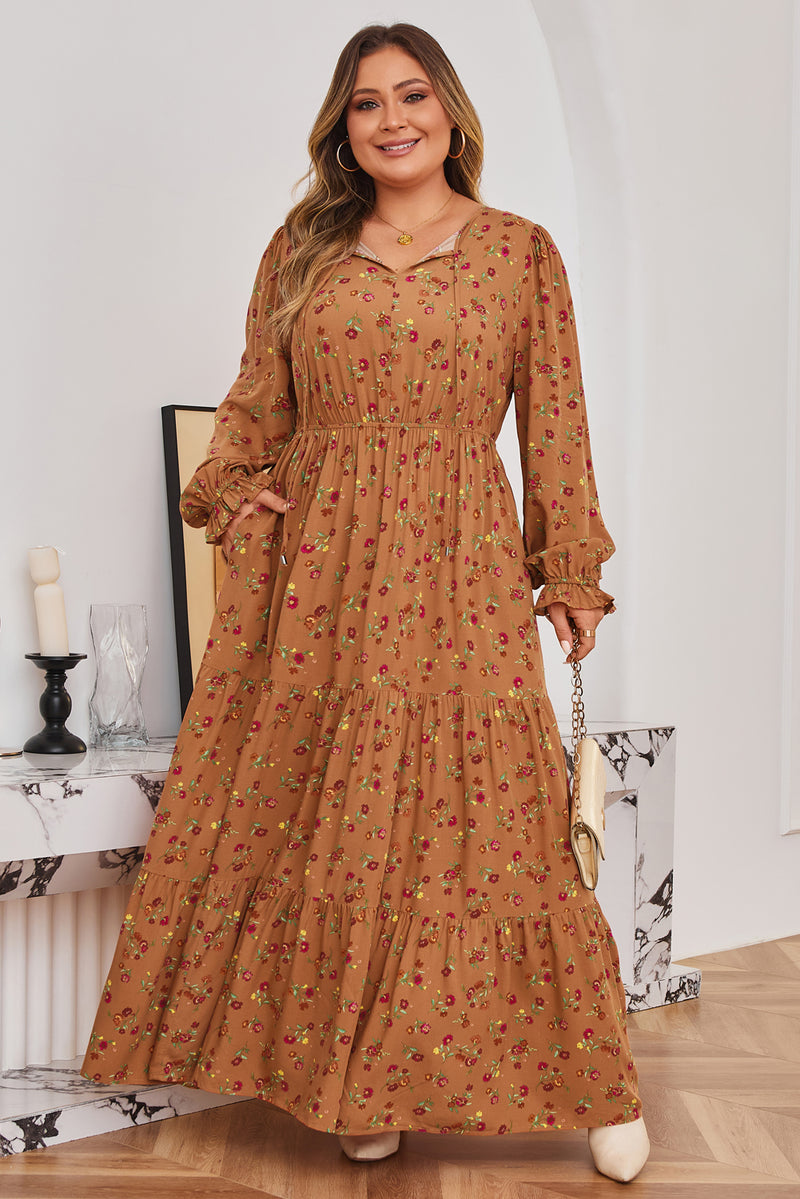 Plus Size Floral Split V Neck Ruffled Sleeve Tiered Maxi Dress