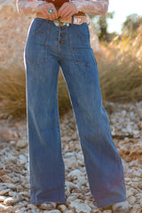 Multi Buttons High Waist Wide Leg Jeans With Pockets
