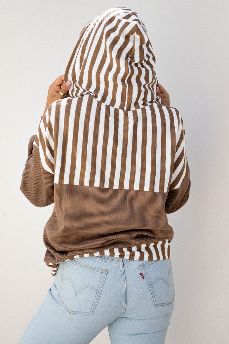 Waffle Texture Striped Patchwork Button Neck Drawstring Hoodie