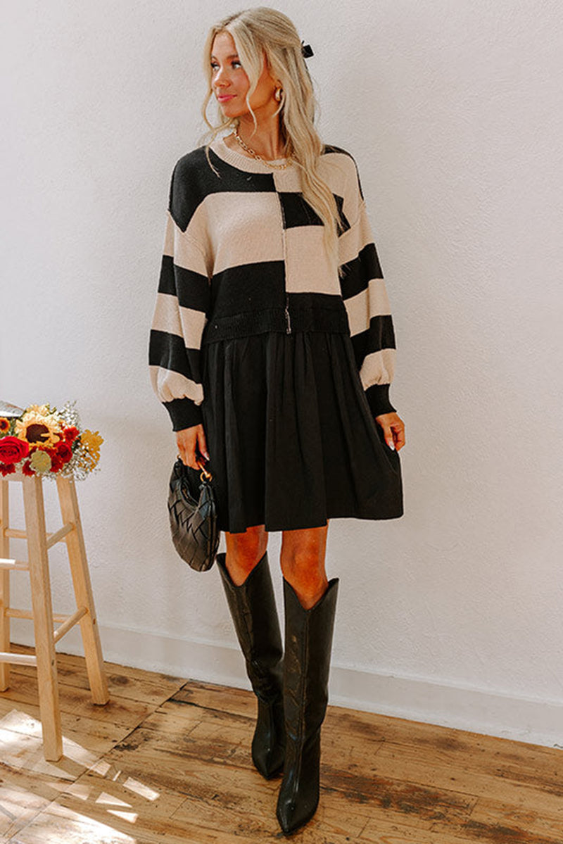 Stripe Two in One Knitted Top High Waist Splicing Hem Sweater Dress