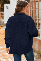Solid Cable Texture Puff Sleeve Loose Shacket