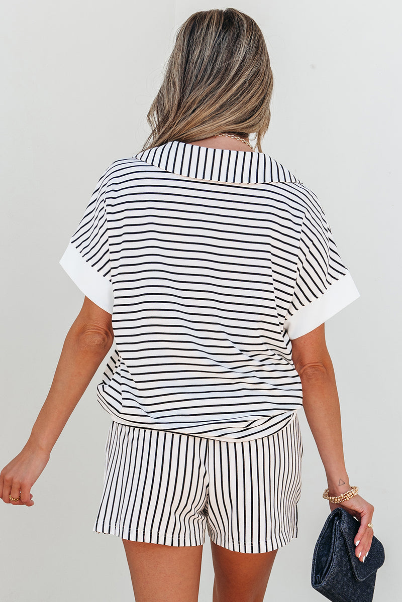 Stripe V Neck Tee and Casual Short Set