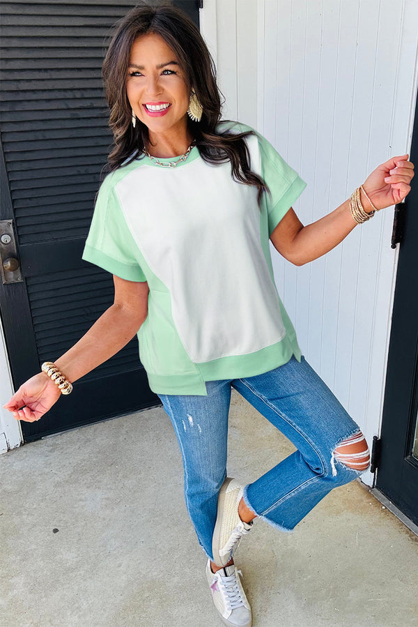 Color Block Exposed Seam Crew Neck T Shirt