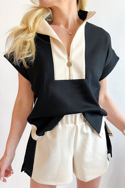 Contrast Zipped Stand Collared T Shirt and Short Set