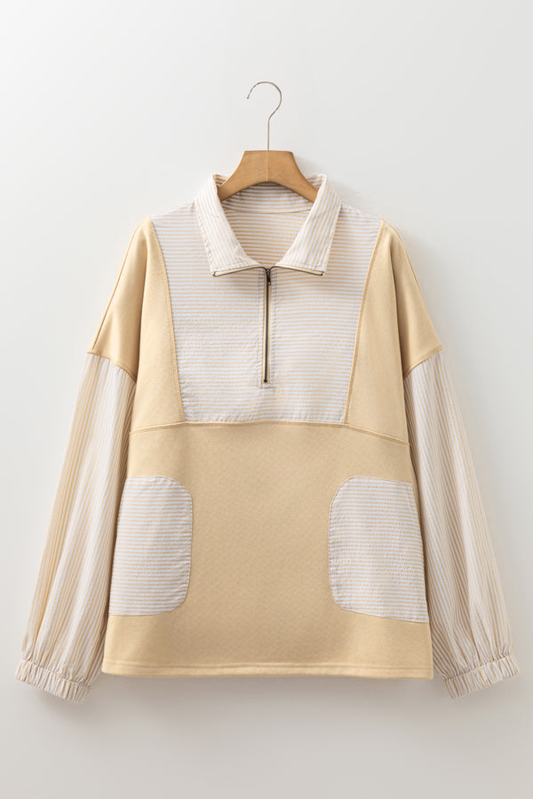 Stripe Mix Half Zip French Terry Plus Size Sweatshirt