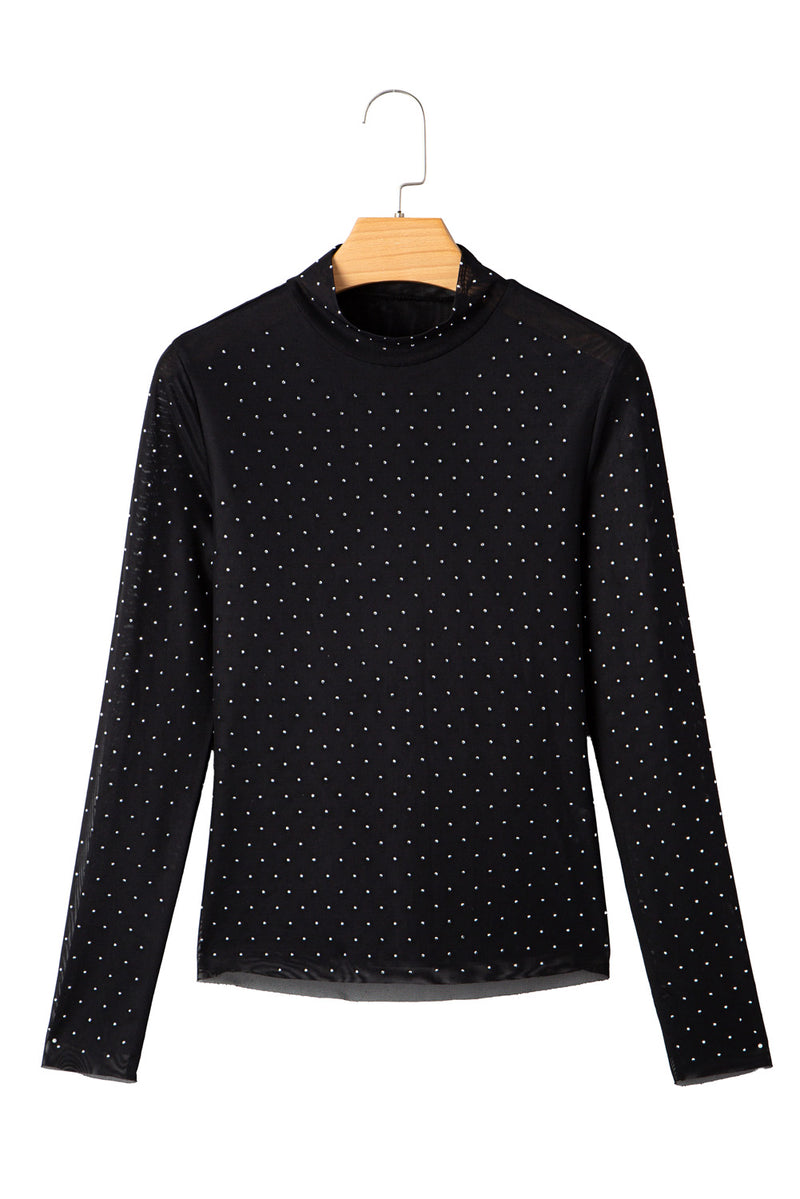 See-Through Rhinestone Embellished Mesh Long Sleeve Top
