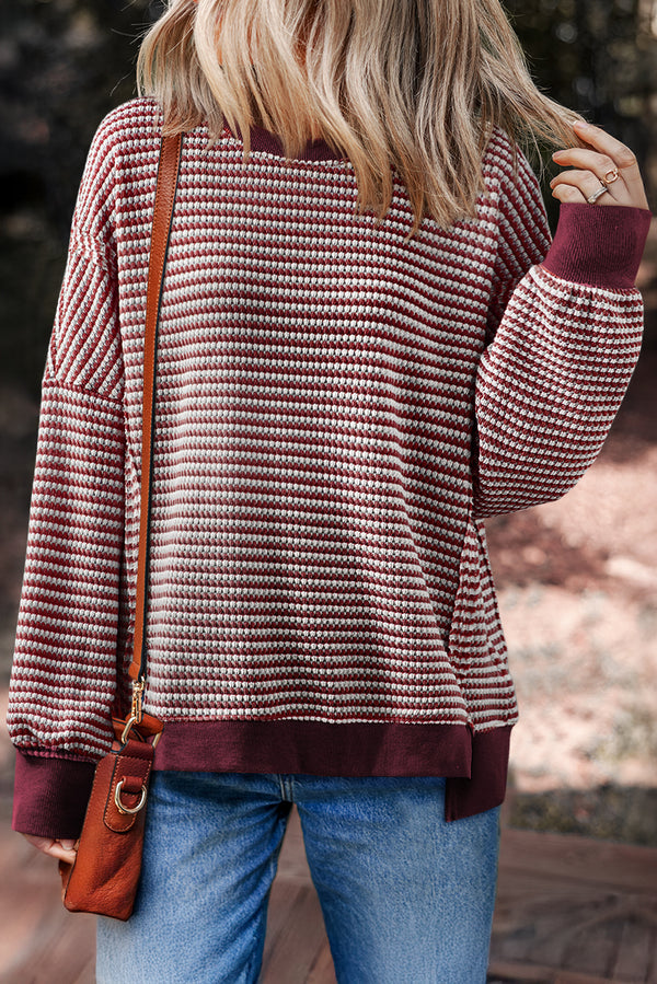 Stripe Ribbed Trim Drop Shoulder Long Sleeve Oversize Top