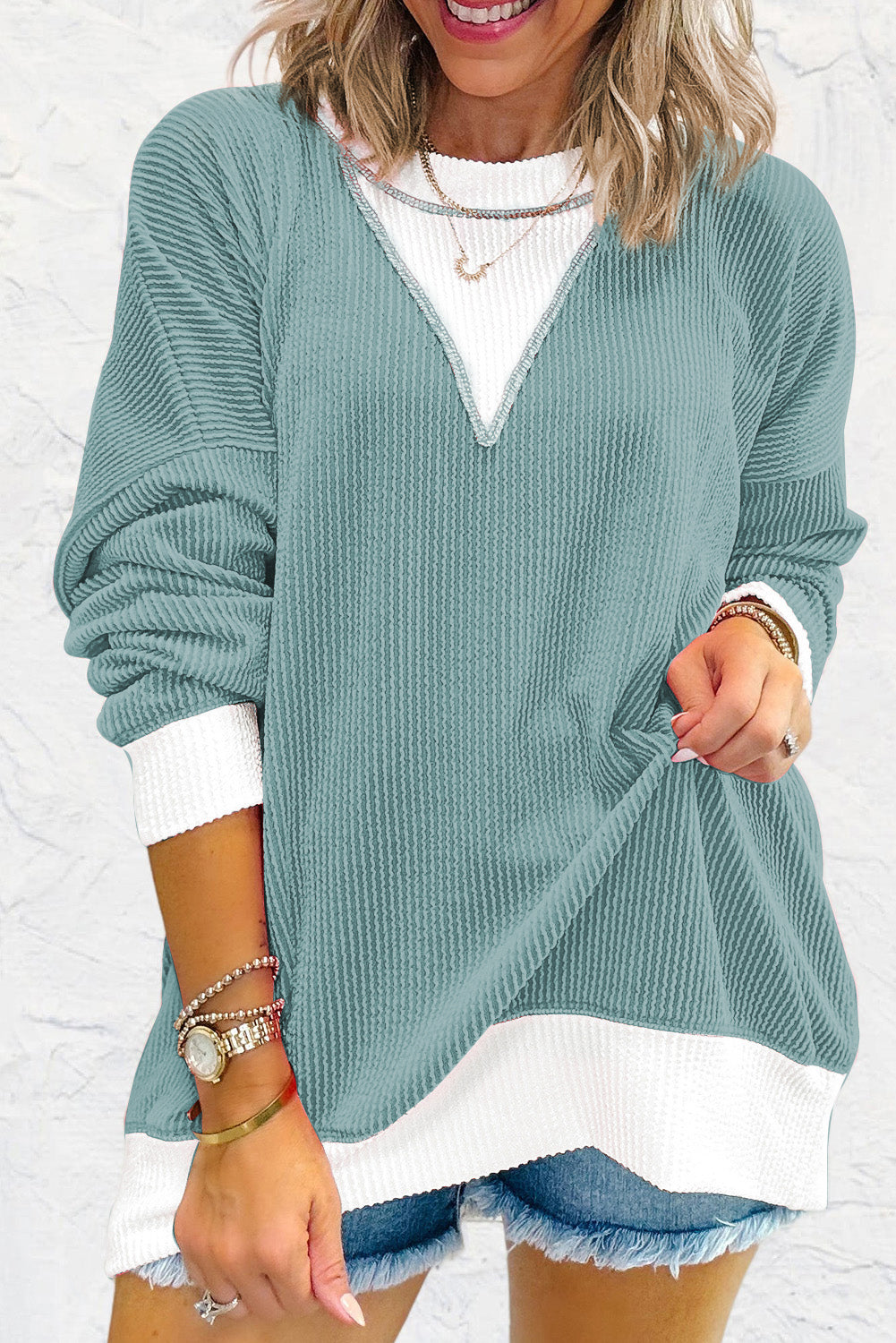 Corded Color block Drop Shoulder Loose Top