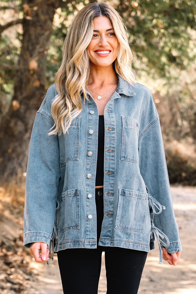 Multi Patched Pockets Side Tie up Boyfriend Style Denim Jacket