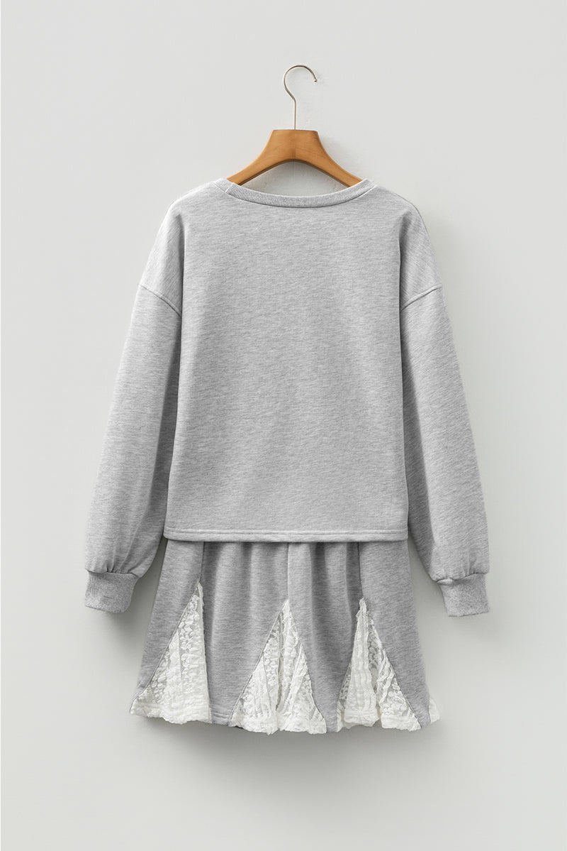 Lace Patchwork Drop Shoulder Pullover Drawstring Skort 2pcs Outfit