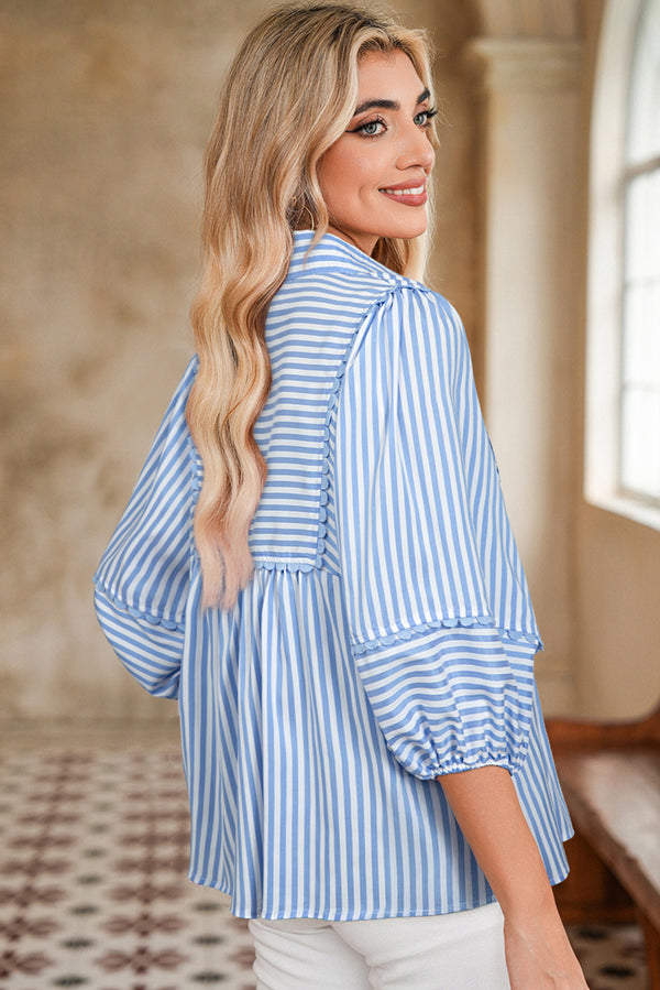 Stripe Shirt Collar V Neck Ricrac Trim 3/4 Puff Sleeve Blouse