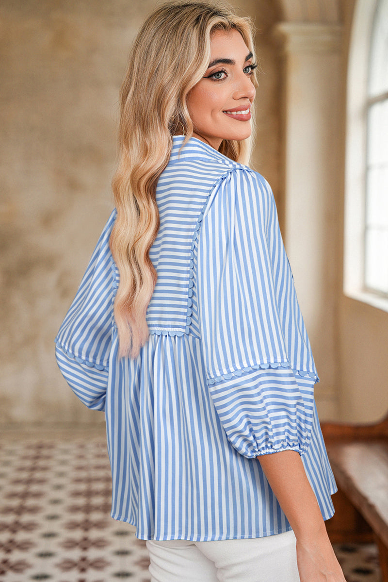 Stripe Shirt Collar V Neck Ricrac Trim 3/4 Puff Sleeve Blouse