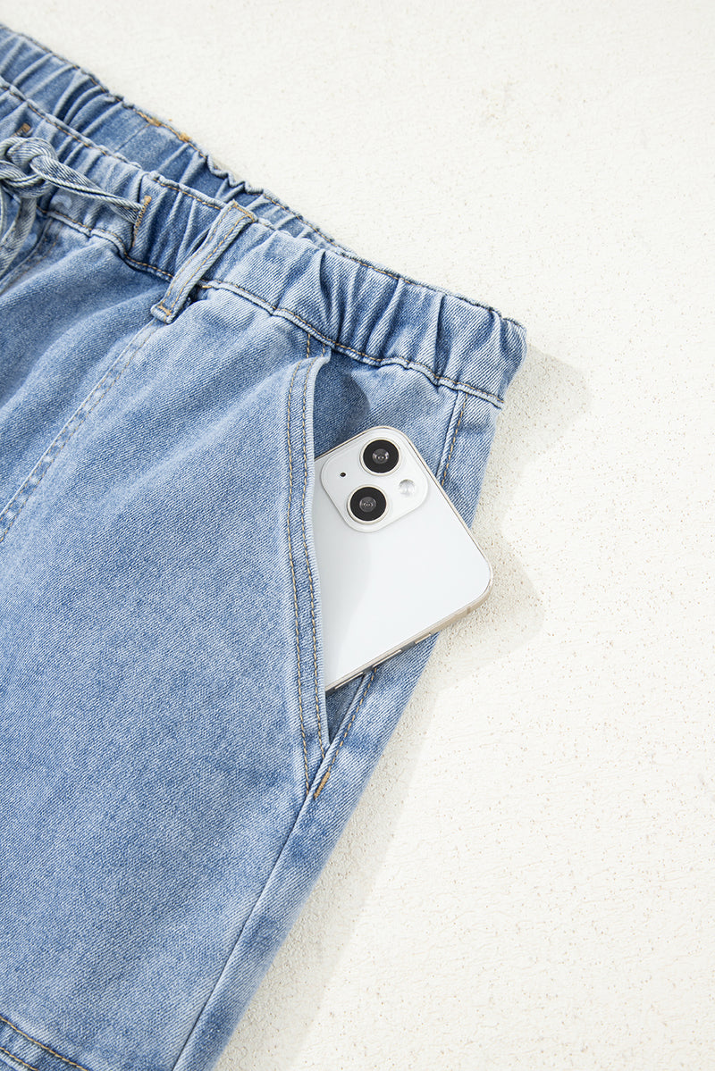 Drawstring Seam Detail Raw Hem Wide Leg Denim Pants
