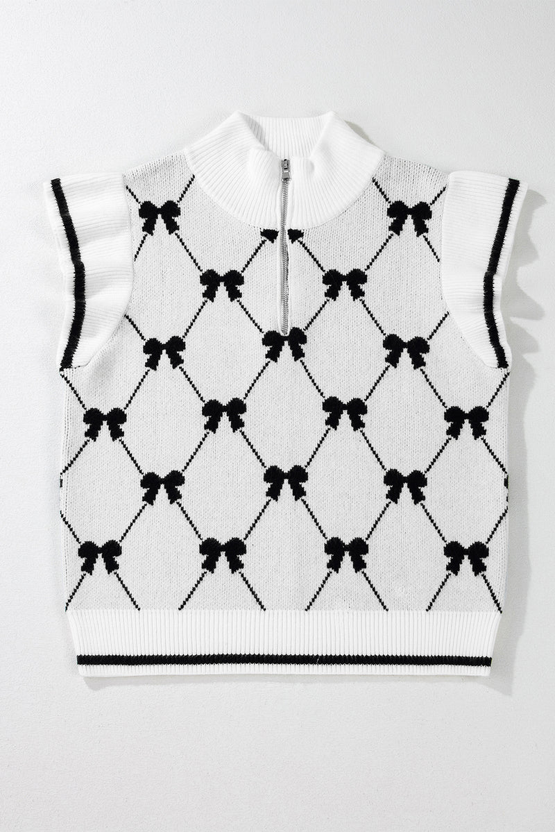 Solid Preppy Vibes Bow Print Zipped Collar Sweater Tee